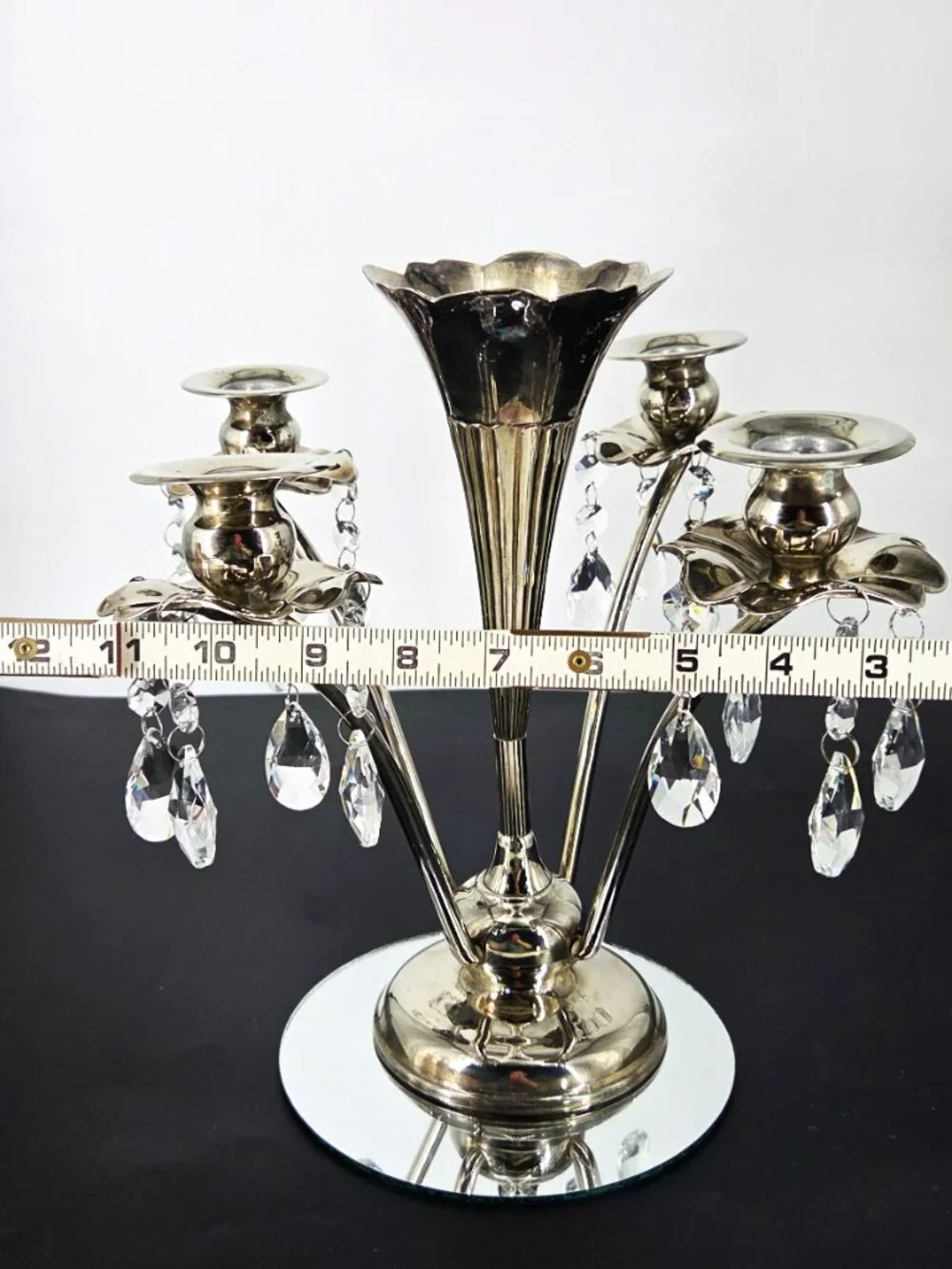 70s Silverplate Epergne 4 Arm Candelabra Trumpet Vase Crystals Japan Silversmith